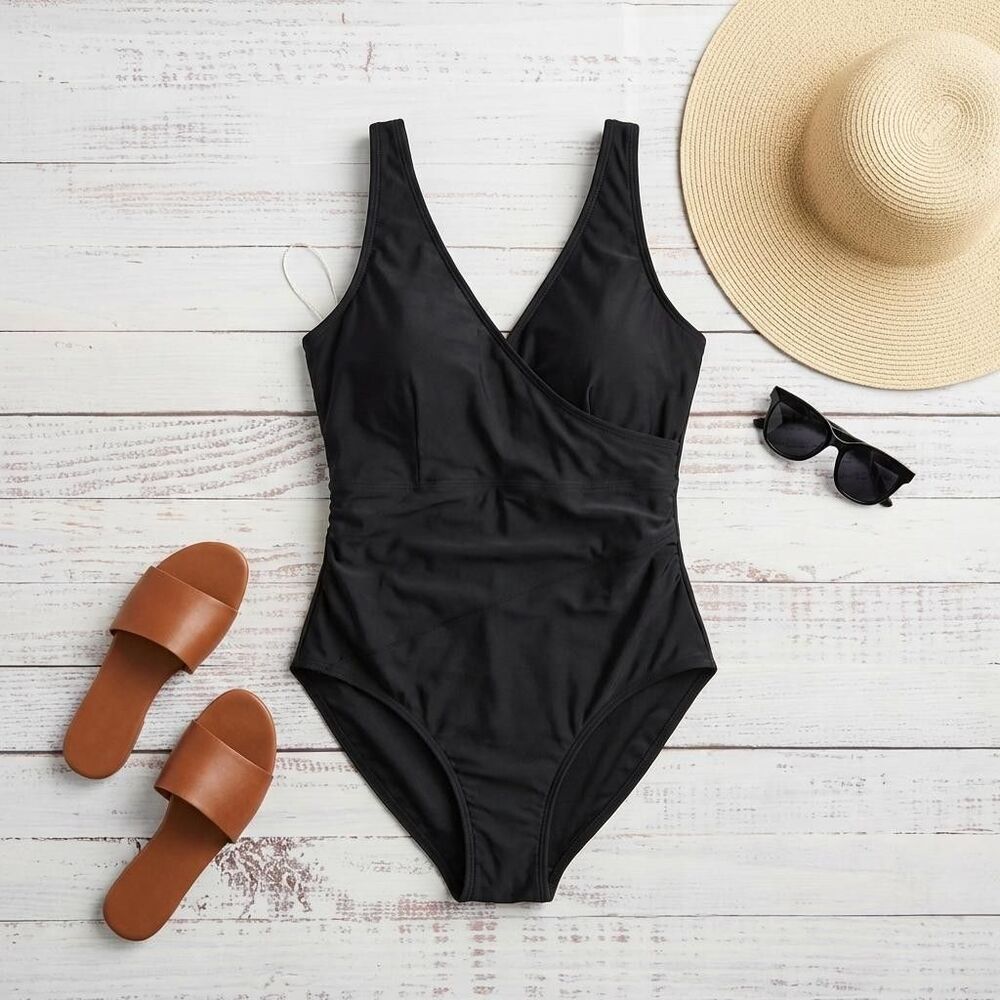 Tommy Hilfiger Surplice Women Size 12 Black Ruched Slimming One Piece Swimsuit